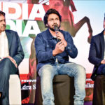 (L-R) Veteran cricketer Kapil Dev, music composer Mithoon and debutant singer Godswill at the Delhi event.