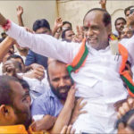 Telangana BJP president K. Laxman celebrating with party workers after the party led by Prime Minister Narendra Modi swept the Lok Sabha battle in Hyderabad on Thursday. IANS