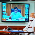 New Delhi: Delhi Chief Minister Arvind Kejriwal interacts with Prime Minister Narendra Modi during a video conference meet chaired by the latter with the Chief Ministers of all the states to discuss the steps taken to conrtain the spread of Covid-19 across the country, in New Delhi on Apr 11, 2020. (Photo: IANS)