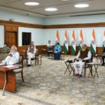 New Delhi: Prime Minister Narendra Modi chairs the 4th interaction with Chief Ministers of all states and Union territories through video conferencing in New Delhi during the extended nationwide lockdown imposed to mitigate the spread of coronavirus; on Apr 27, 2020. Also seen Union Ministers Nirmala Sitharaman, Rajnath Singh, Amit Shah and Harsh Vardhan. (Photo: IANS/PIB)