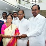 Chief Minister K. Chandrasekhar Rao handing over B-form to TRS Party candidature Surabhi Vani Devi