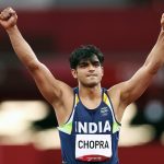 Indian Javelin thrower Neeraj Chopra celebrates after winning the first gold medal at Tokyo2020 Olympics