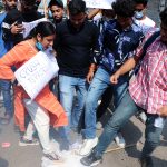 ABVP supporters during a protest demanding justice over the killing of two school teachers of Srinagar