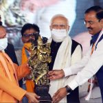 PM Narendra Modi with Uttar Pradesh CM Yogi Adityanath and Dy CM Keshav Prasad Maurya at the Foundation Stone laying ceremony of Noida International Airport