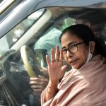 Mamata Banerjee at a celebration of TMC victory in KMC elections