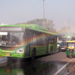 A rainbow is created when an anti-smog gun is being used