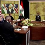 Rajnath Singh and S Jaishankar with Lloyd J. Austin III and Antony Blinken attend the virtual meeting between Narendra Modi and Joe Biden