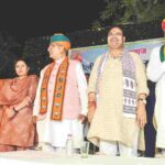 Rajasthan CM Bhajan Lal Sharma, Union Minister and BJP leader Arjun Ram Meghwal, state Minister Sumit Godara, party MLAs Jethanand Vyas, and Siddhi Kumari during Agarwal Holi Milan Samaroh, at Agarwal Bhavan in Bikaner on Sunday. ANI