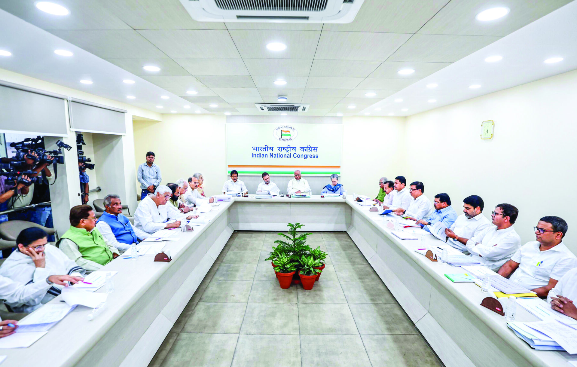 Congress President Mallikarjun Kharge, Congress Parliamentary Party chairperson Sonia Gandhi, LoP in Lok Sabha and party leader Rahul Gandhi and others during the party’s CEC meeting for Maharashtra Assembly Polls, at AICC headquarters in New Delhi on 21 October 2024. ANI