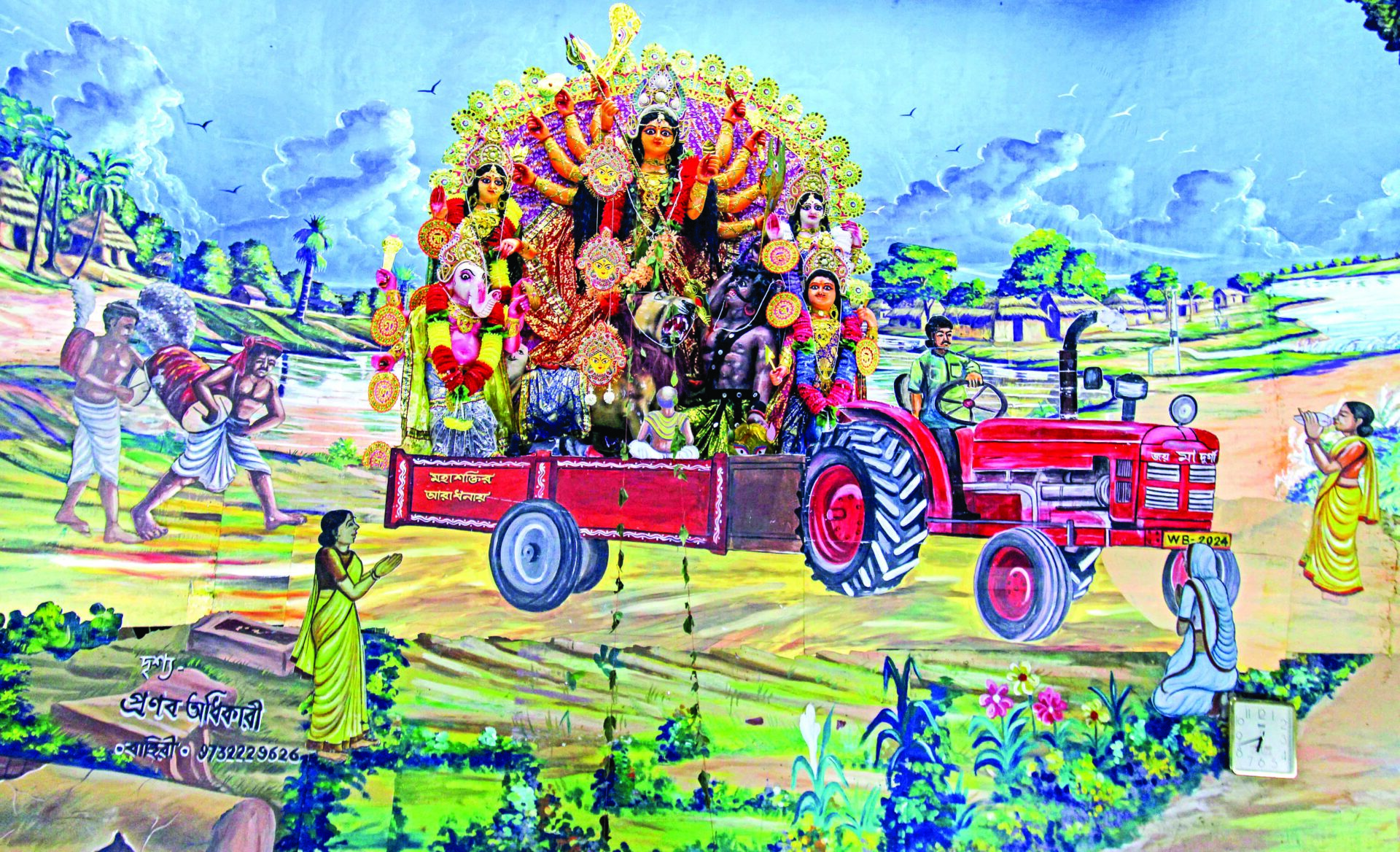 A view of a painting from a community puja pandal based on the theme of Maa Durga on a tractor during Durga Puja festival, at Papuri village in West Bengal’s Birbhum district on Friday. ANI