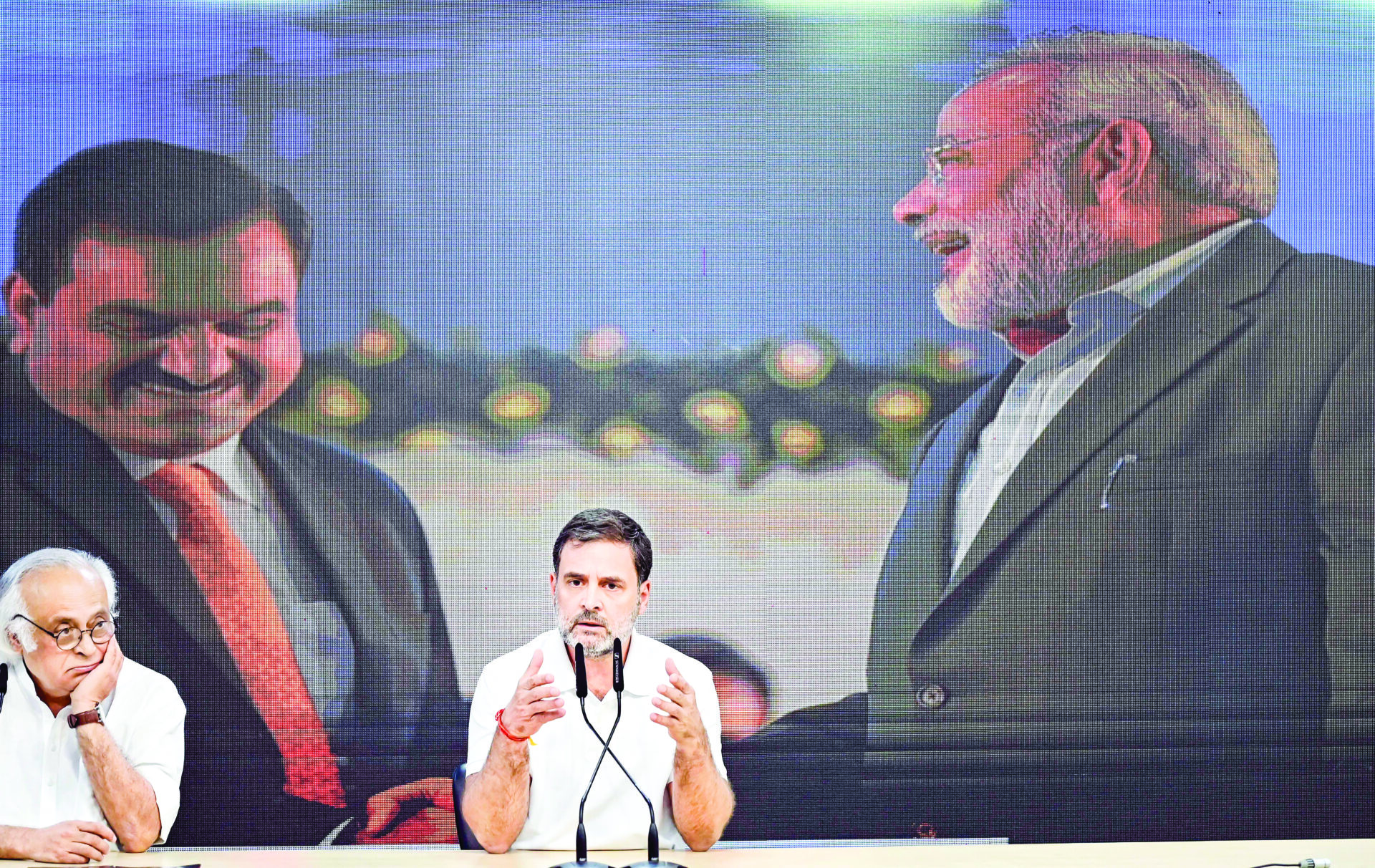 Leader of Opposition in Lok Sabha and Congress leader Rahul Gandhi addresses a press conference in the presence of party general in-charge Communications Jairam Ramesh, at AICC HQ in New Delhi on Thursday. ANI