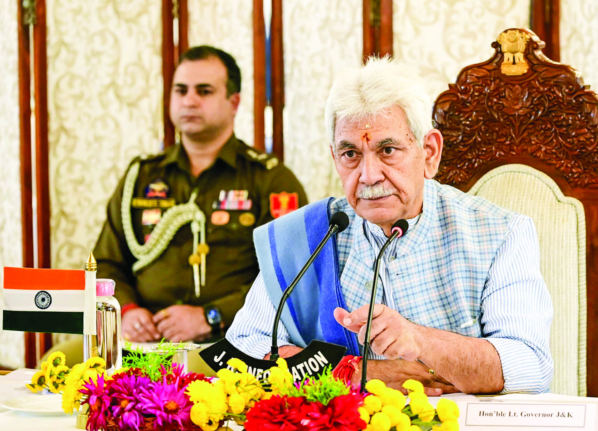 Jammu and Kashmir LG Manoj Sinha Chairs a security review meeting with the senior officials of J&K Police, civil administration and DCs & SSPs of all the districts of Kashmir Division, in Srinagar, on October 28. ANI