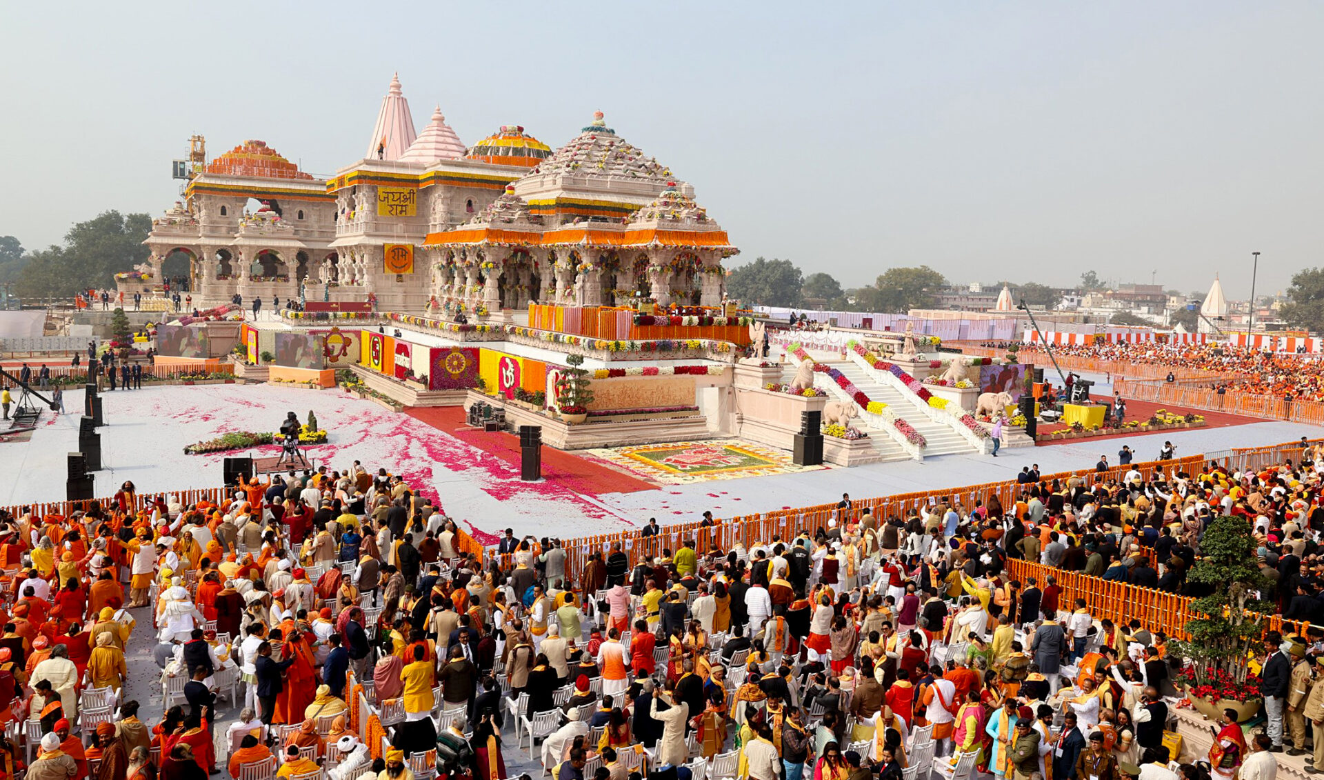 Gathering at the Ram Janmabhoomi Temple on the occasion of the ‘Pran Pratishtha’ ceremony, in Ayodhya on 23 January. ANI