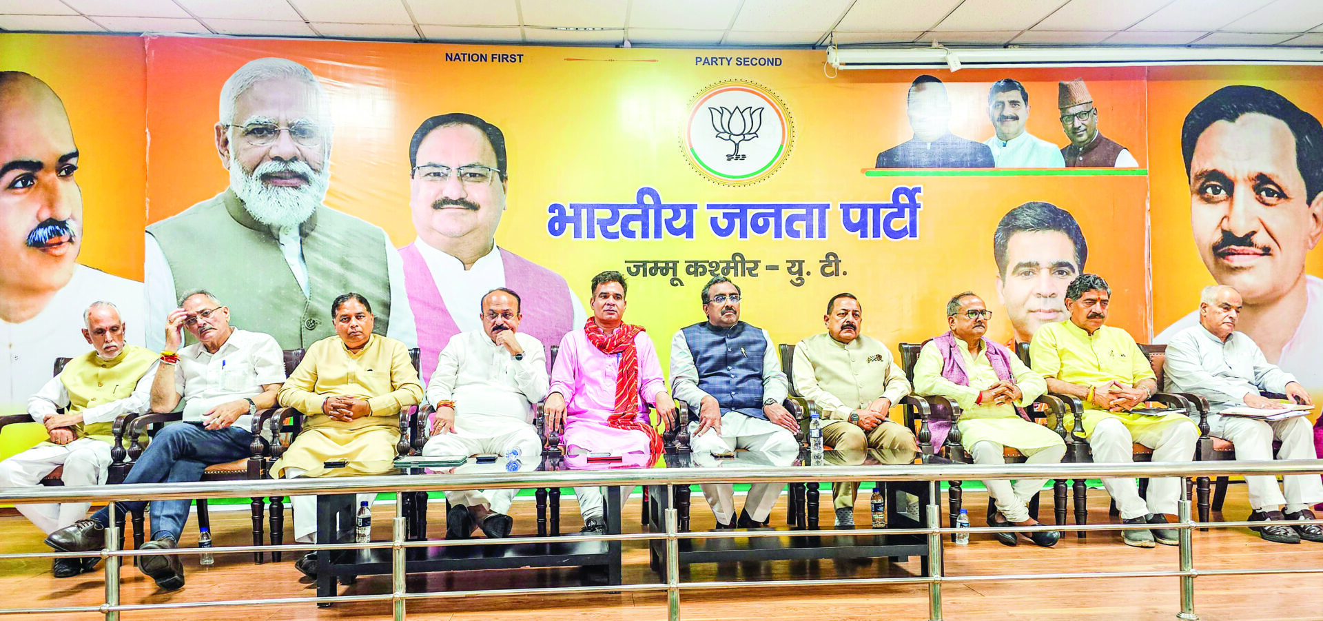 Union Minister of State (Ind. Charge) Science and Technology Jitendra Singh, Jammu and Kashmir BJP President Ravinder Raina and others during party’s election management committee meeting, at party head office, in Jammu on Oct 7. ANI