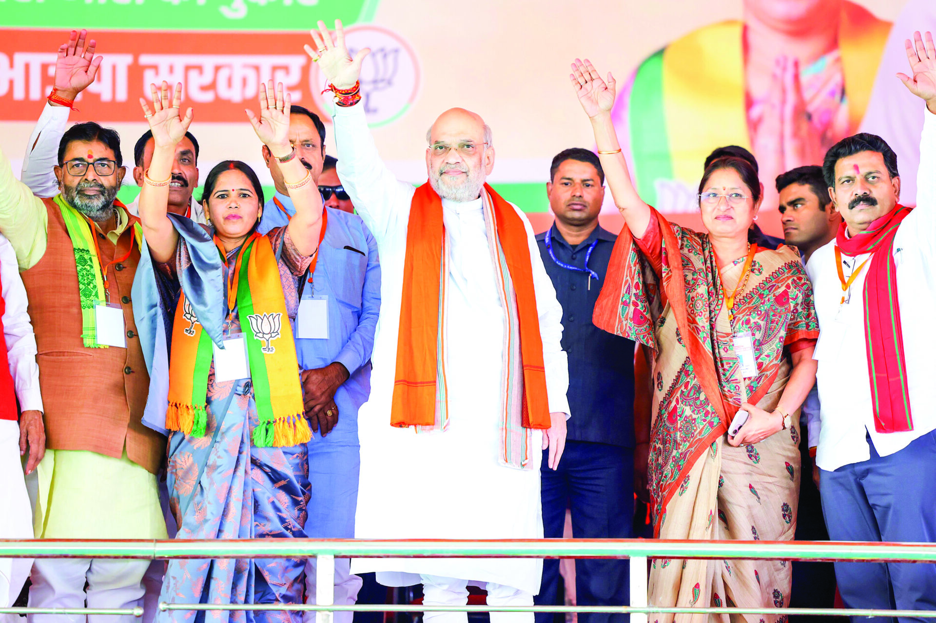 Union Home Minister Amit Shah waves to the crowd during the public meeting for the second phase of Jharkhand Assembly elections, in Gandey, on Friday. ANI