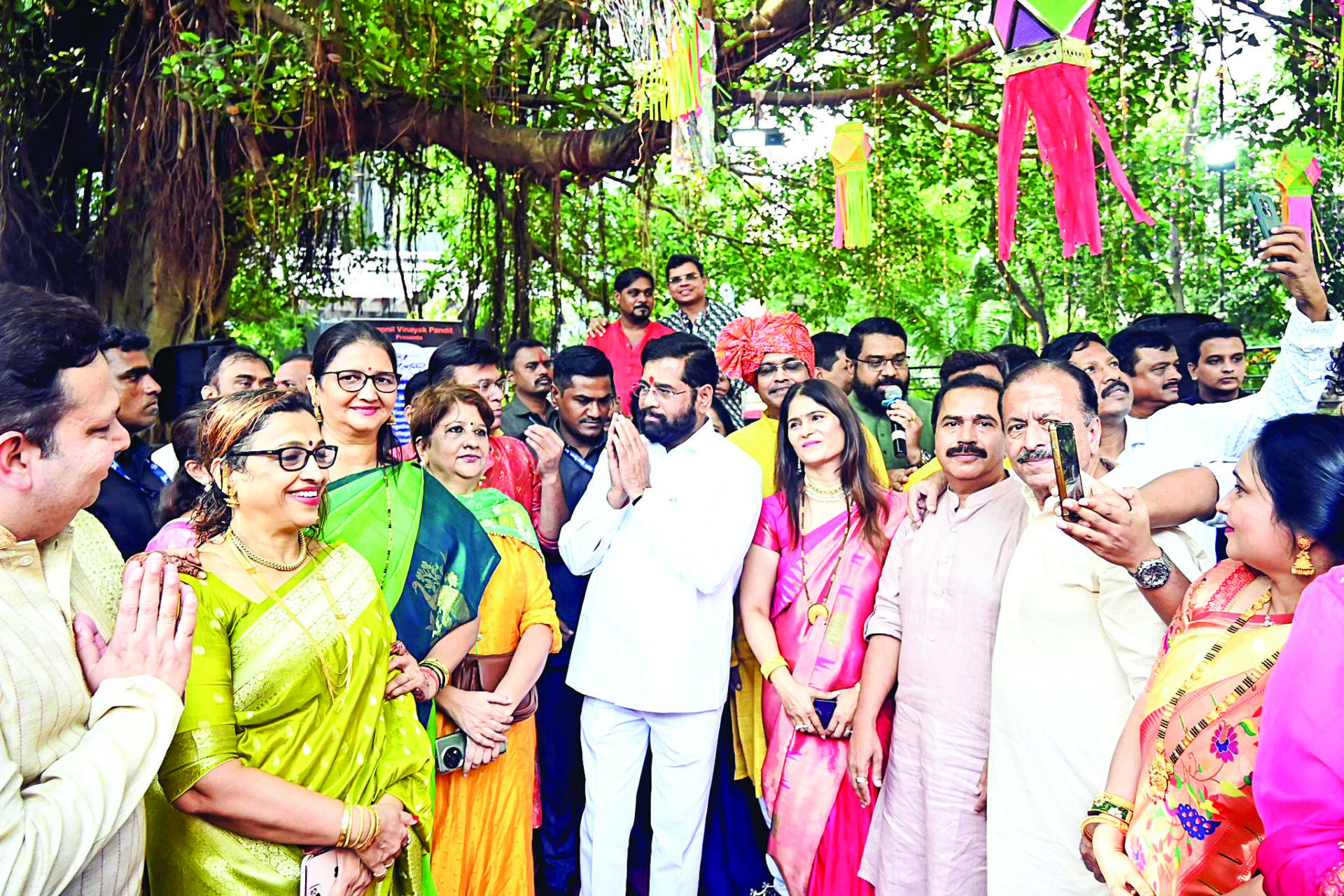 Maharashtra CM Eknath Shinde with Shiv Sena Thane MP Naresh Mhaske, former corporator Vikas Repale and others during the Diwali celebrations, at Raheja Complex in Thane, on October 31. ANI