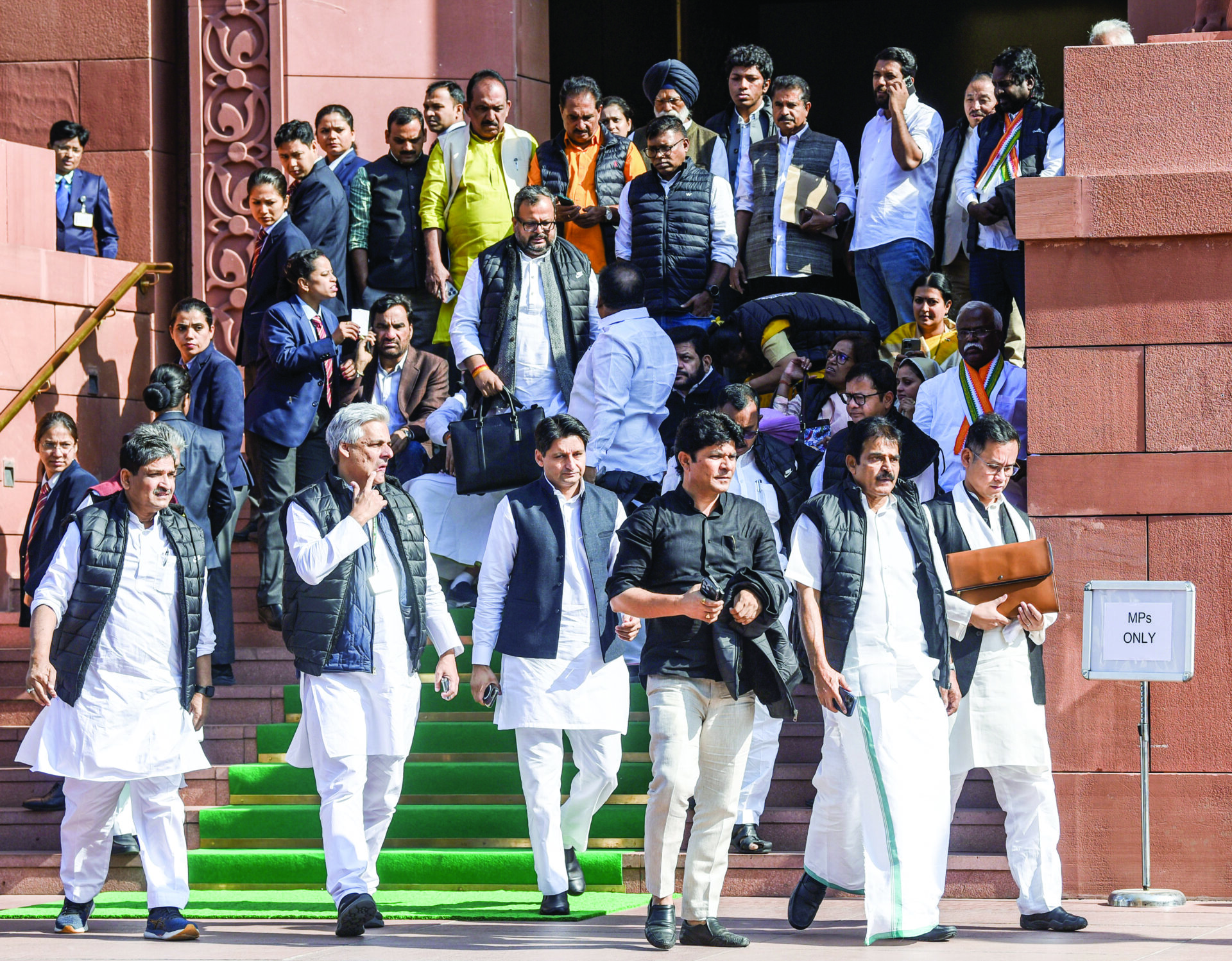 Deputy Leader of Congress in Lok Sabha Gaurav Gogi, party MPs KC Venugopal, Deepender Hooda and other MPs at Parliament during the Winter Session, in New Delhi on Thursday. ANI