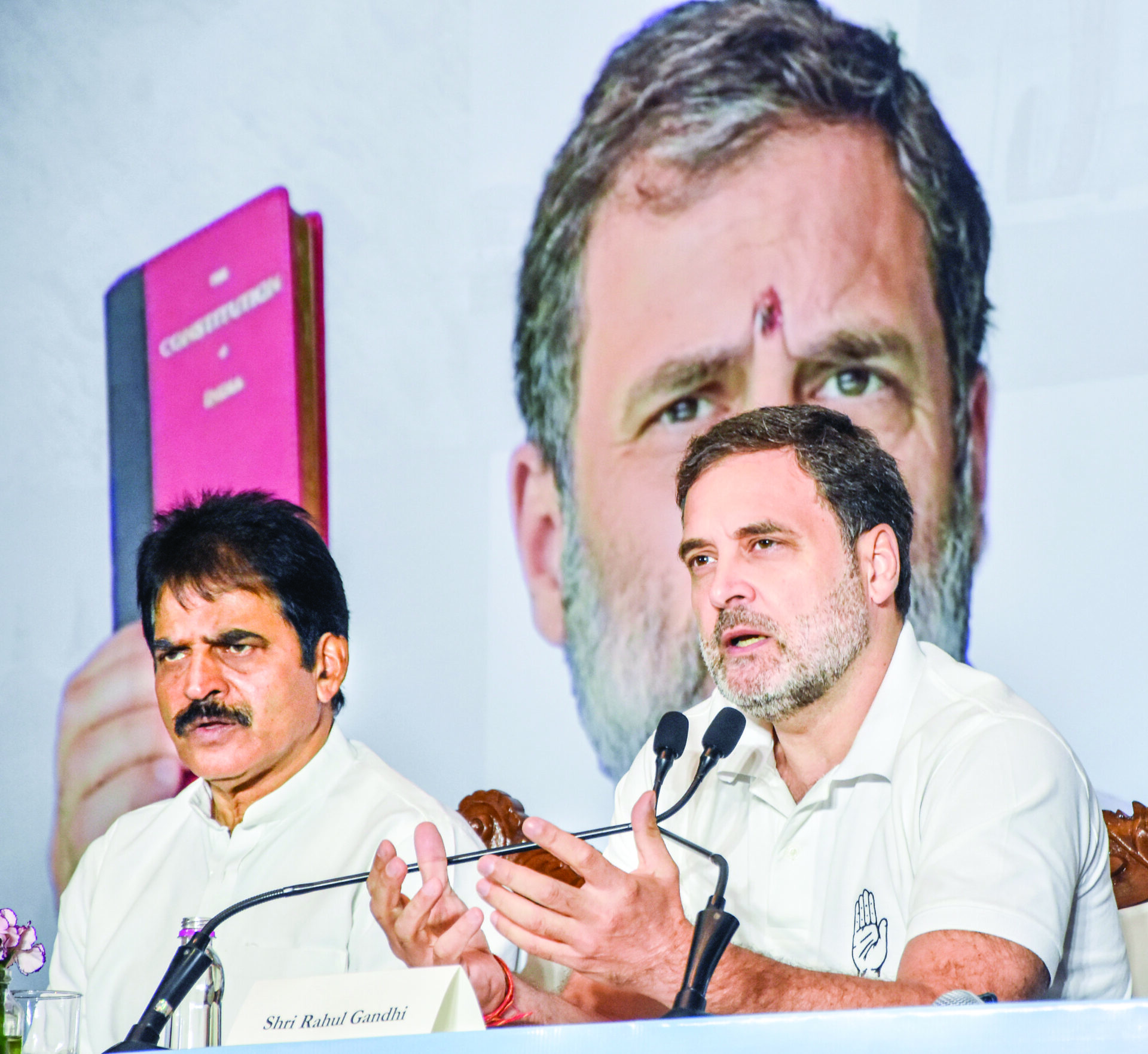 Leader of Opposition in Lok Sabha and Congress leader Rahul Gandhi addresses a press conference, in Mumbai on Monday. Party General Secretary (Organisation) K.C. Venugopal also present. ANI