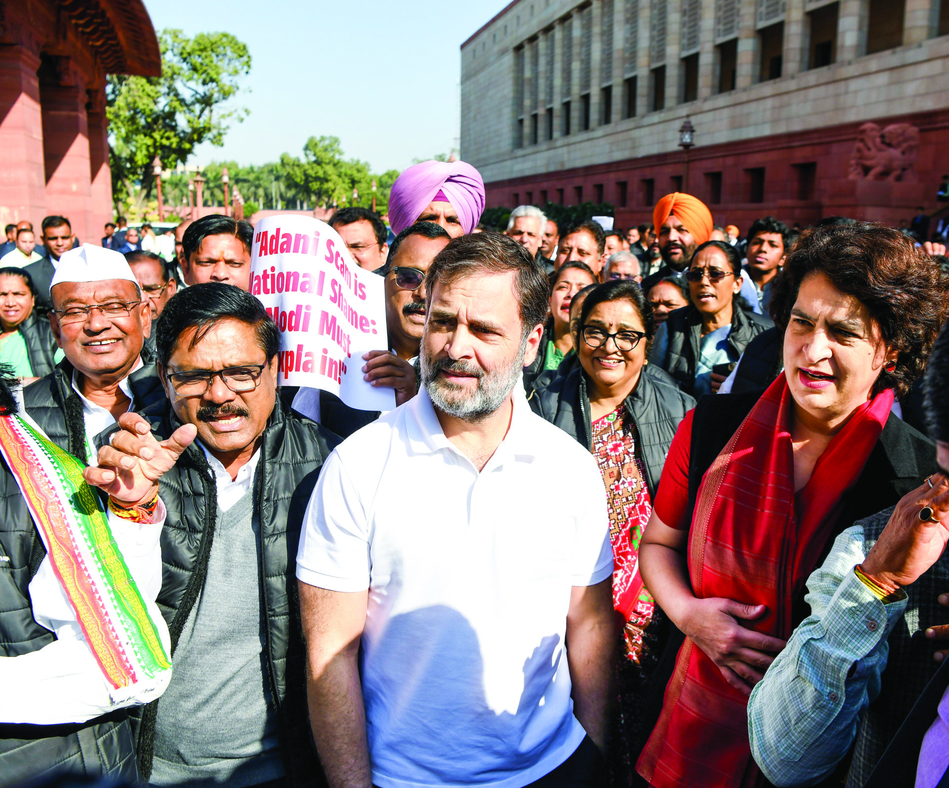 LoP in Lok Sabha Rahul Gandhi with Congress MP Priyanka Gandhi Vadra and opposition MPs staging a protest on the Gautam Adani indictment issue during the winter session, at Parliament premises in New Delhi on Thursday. ANI