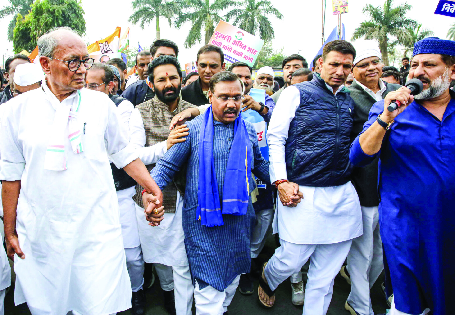 MP Congress President Jitu Patwari with party MP Digvijaya Singh and other party leaders and supporters during the ‘Baba Saheb Bhimrao Ambedkar Samman March’, in Bhopal, on December 24. (ANI) 