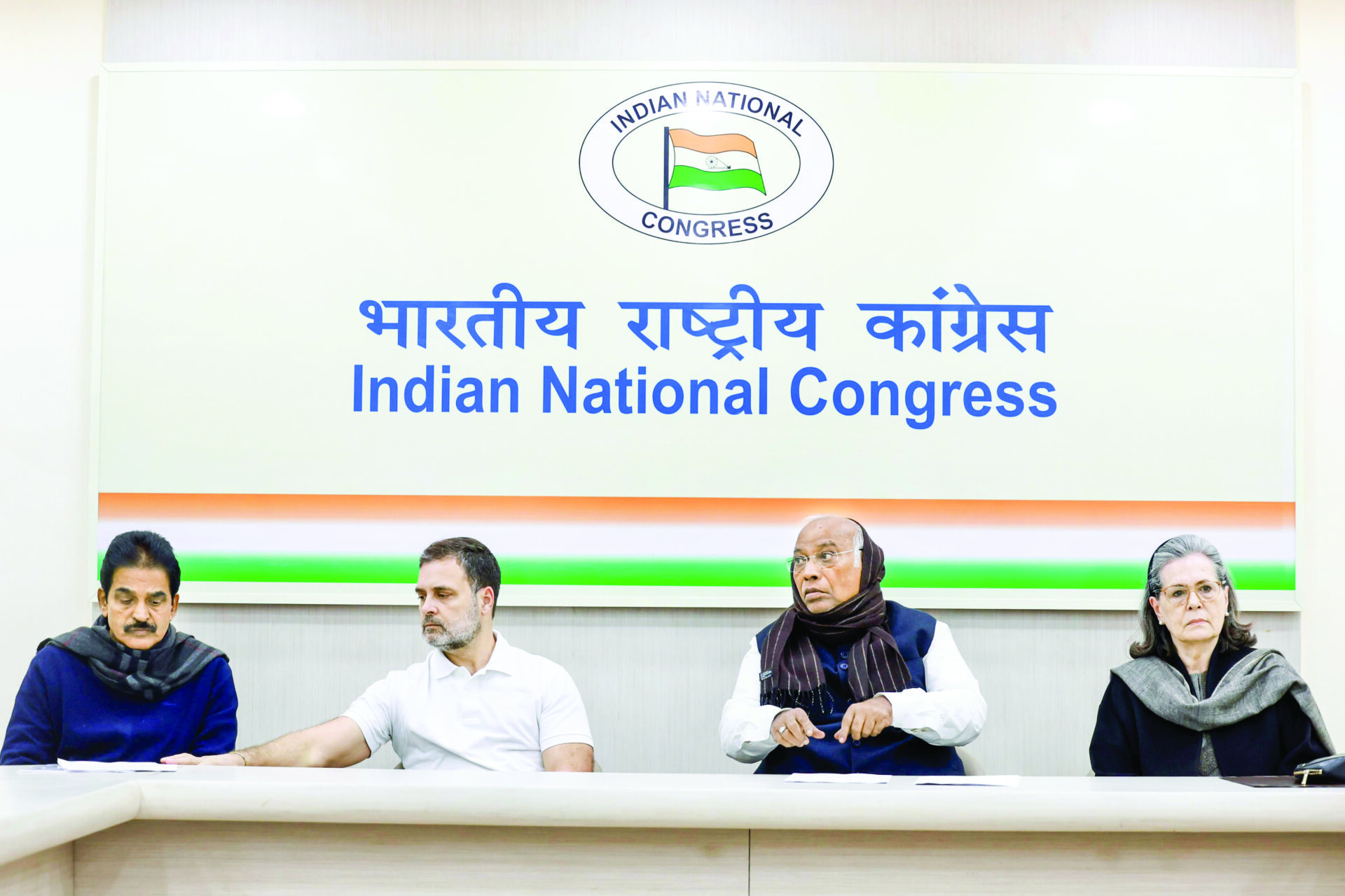 Congress president Mallikarjun Kharge, Congress Parliamentary Party chairperson Sonia Gandhi, Lok Sabha LoP Rahul Gandhi and Congress General Secretary (Organisation) KC Venugopal during the Congress Working Committee meeting convened to pay tribute to former Prime Minister Dr Manmohan Singh, in New Delhi on Friday. ANI