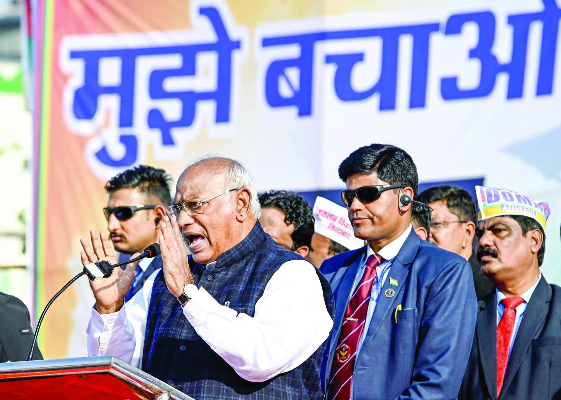 Congress President Mallikarjun Kharge addresses the ‘Samvidhan Bachao’ rally, in New Delhi on Dec 1 2024. ANI