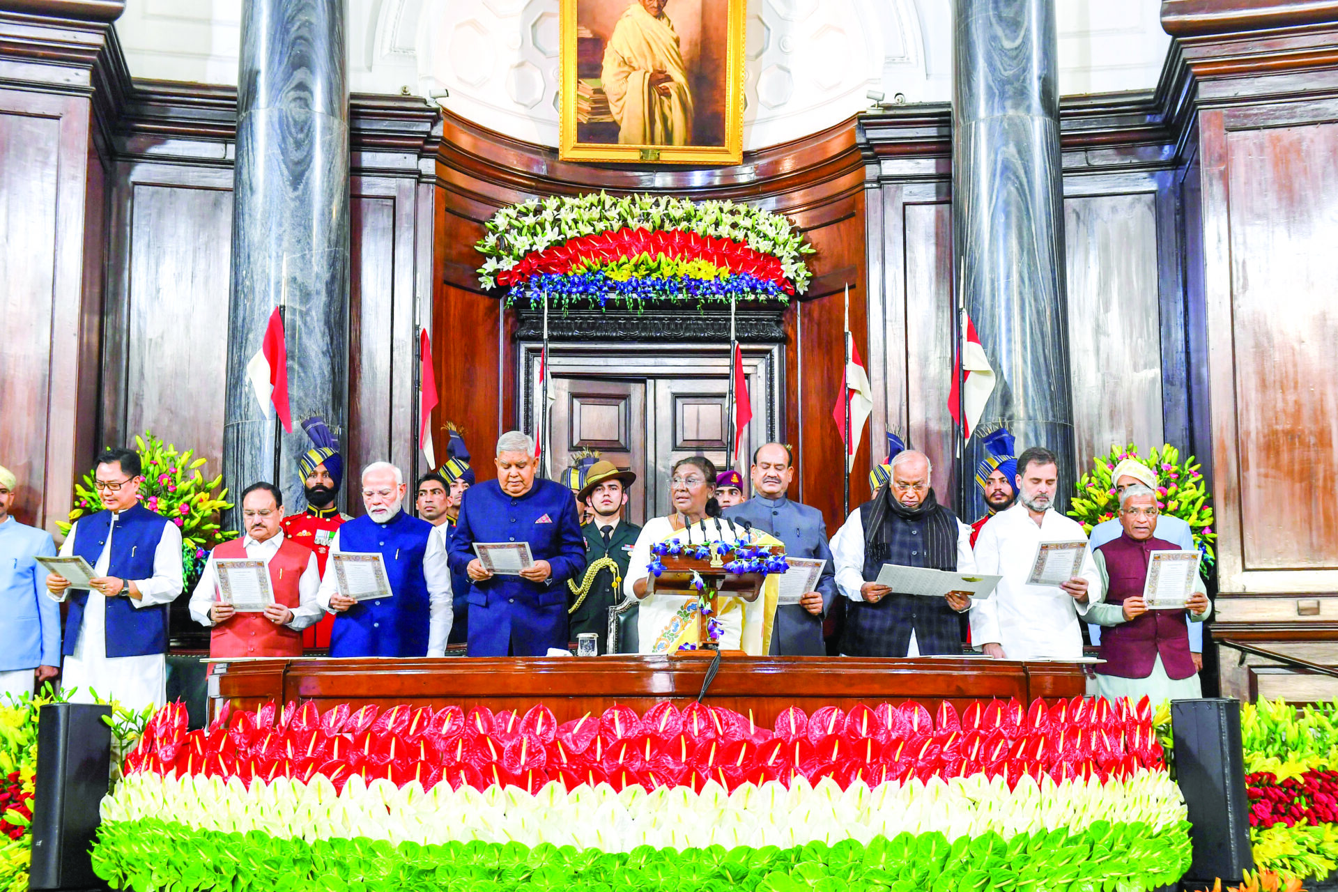 President Droupadi Murmu, Vice President Jagdeep Dhankar, Prime Minister Narendra Modi, Lok Sabha Speaker Om Birla, Union Ministers Kiren Rijiju, JP Nadda, Rajya Sabha LoP Mallikarjun Kharge and Lok Sabha LoP Rahul Gandhi read the Preamble to the Indian Constitution during the Constitution Day (Samvidhan Divas) celebration, at Samvidhan Sadan in New Delhi on Tuesday. ANI