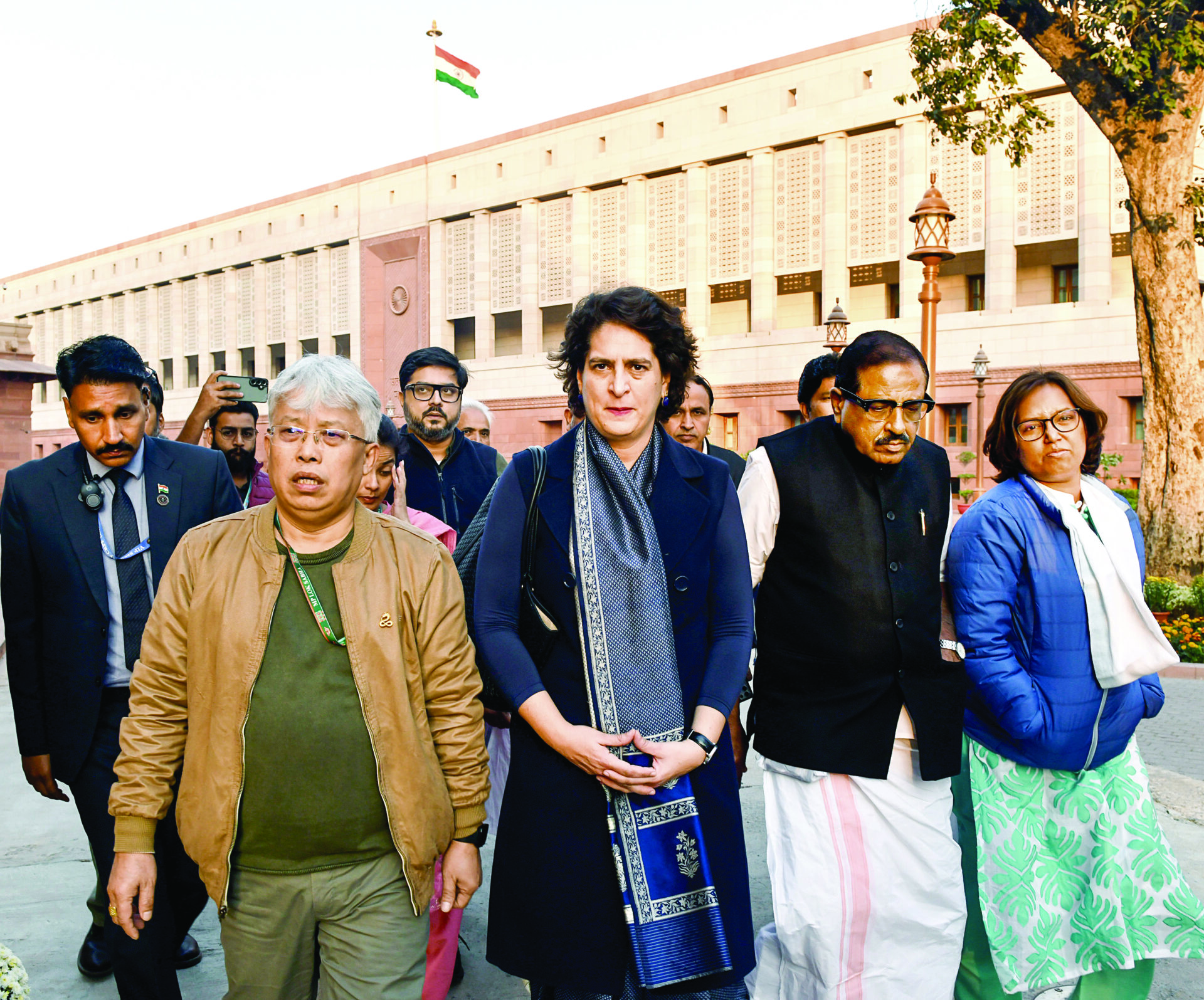 Congress General Secretary Priyanka Gandhi Vadra arrives to pay tribute to those who lost their lives, on the 23 years of the 2001 Parliament Attack, at Samvidhan Sadan in New Delhi on Friday. ANI