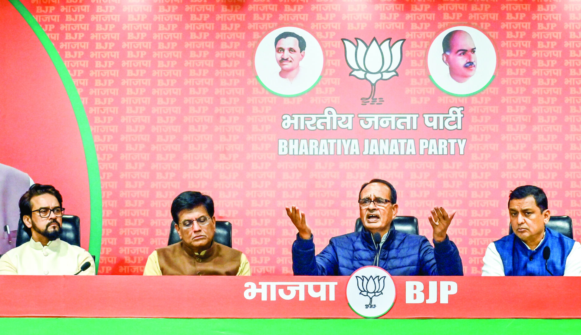 Union Minister Shivraj Singh Chouhan addresses a press conference, in the presence of Piyush Goyal and BJP MPs Anurag Thakur and Anil Baluni, at party headquarters, in New Delhi on Thursday. ANI