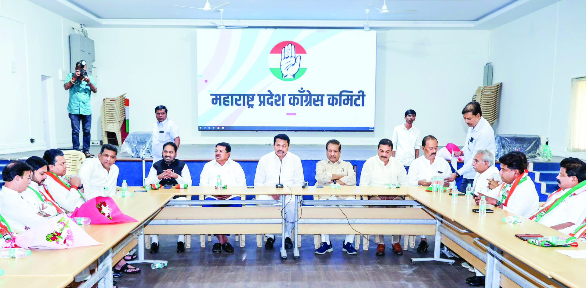 Maharashtra Congress president Nana Patole chairs a meeting with party leaders and newly elected MLAs, at Tilak Bhavan in Mumbai, on Wednesday. ANI