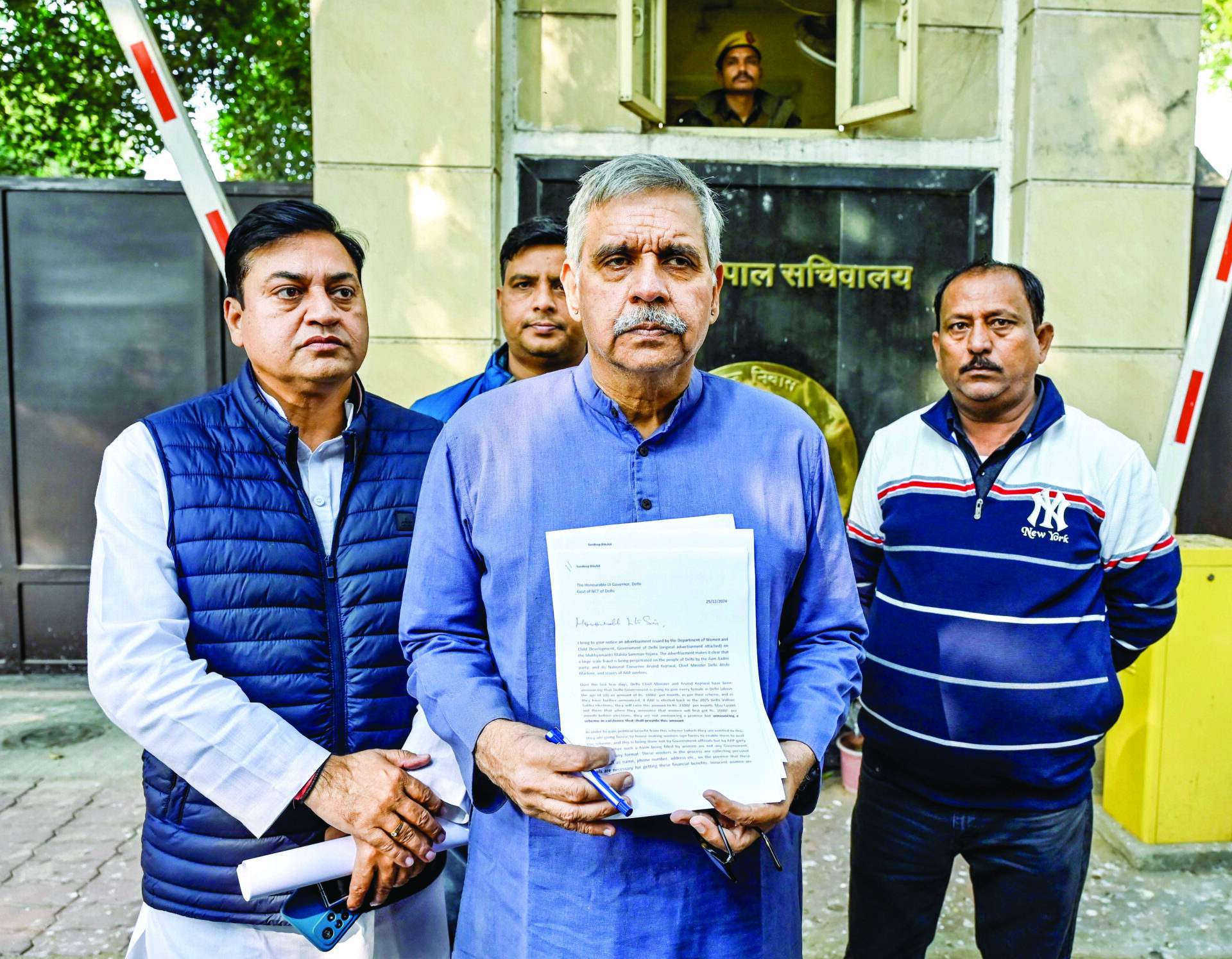 Congress leader Sandeep Dikshit submits a complaint to Delhi Lieutenant Governor Vinai Kumar Saxena against AAP National Convenor and former CM Arvind Kejriwal over AAP’s proposed schemes for Rs 2100 monthly allowance for women, in New Delhi on Thursday. ANI