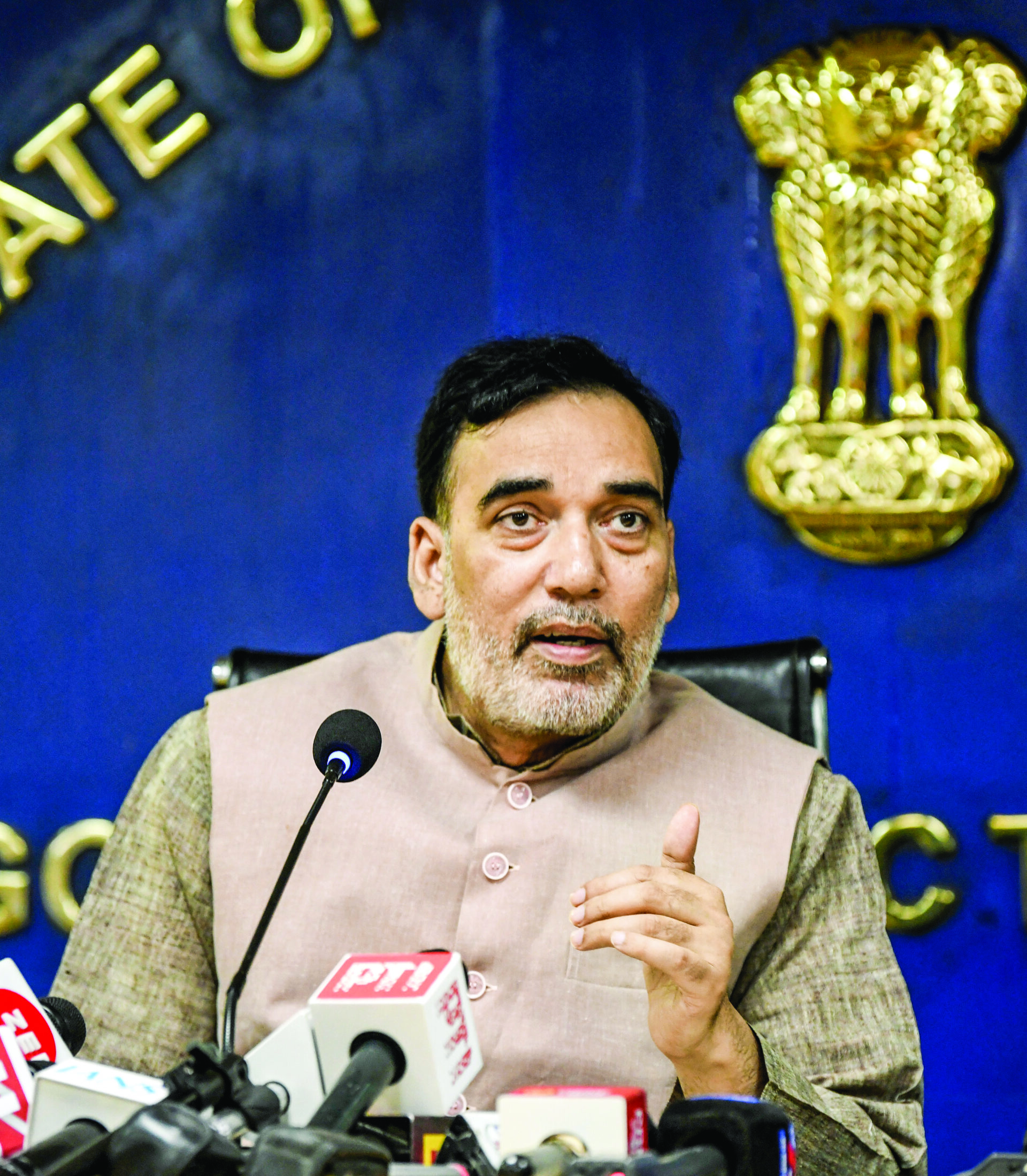 Delhi Environment Minister Gopal Rai addresses a press conference, in New Delhi, on November 12, 2024.