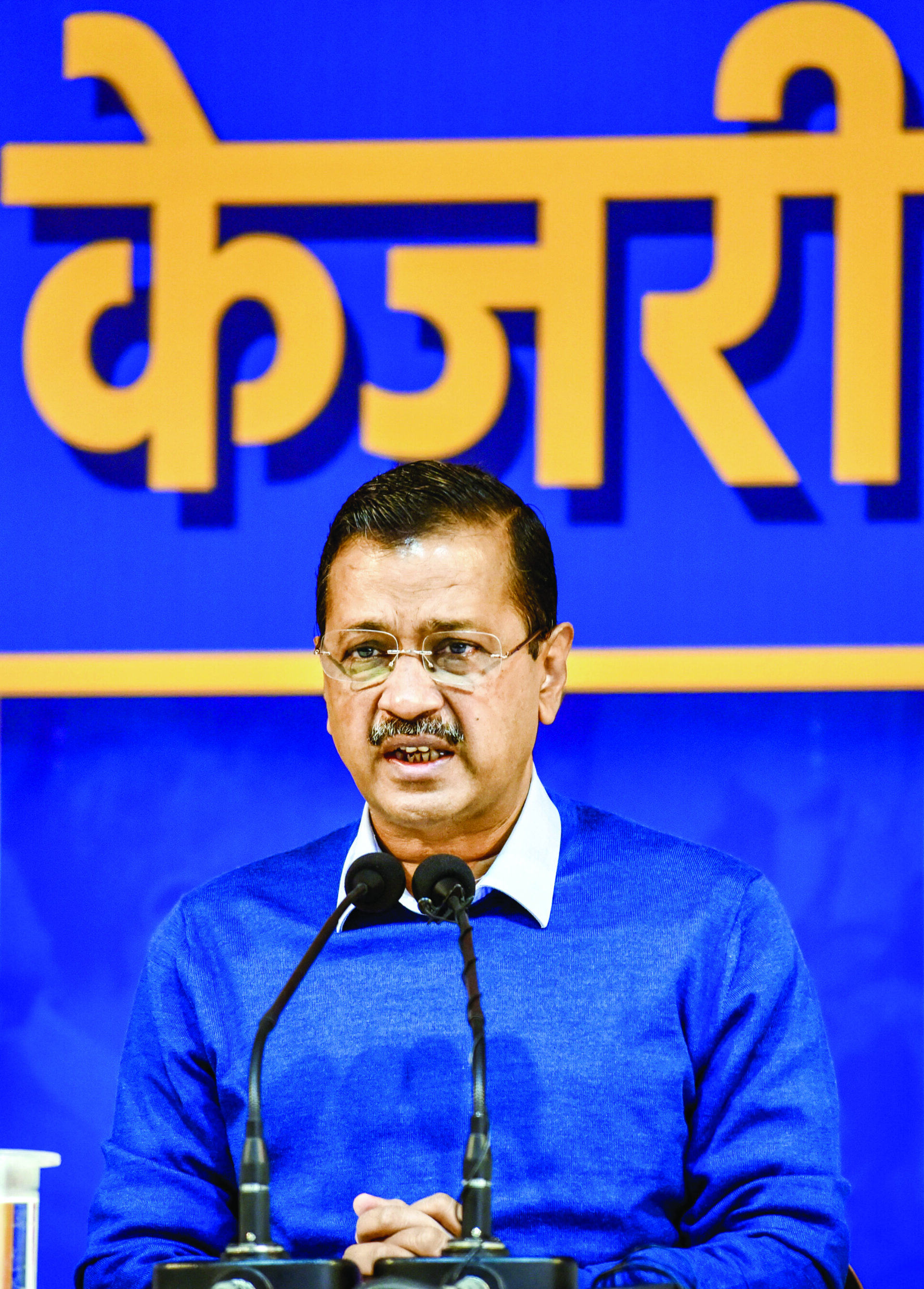 AAP National Convener Arvind Kejriwal addresses a press conference ahead of the Delhi Assembly elections, at the party office, in New Delhi on Friday, January 24. ANI