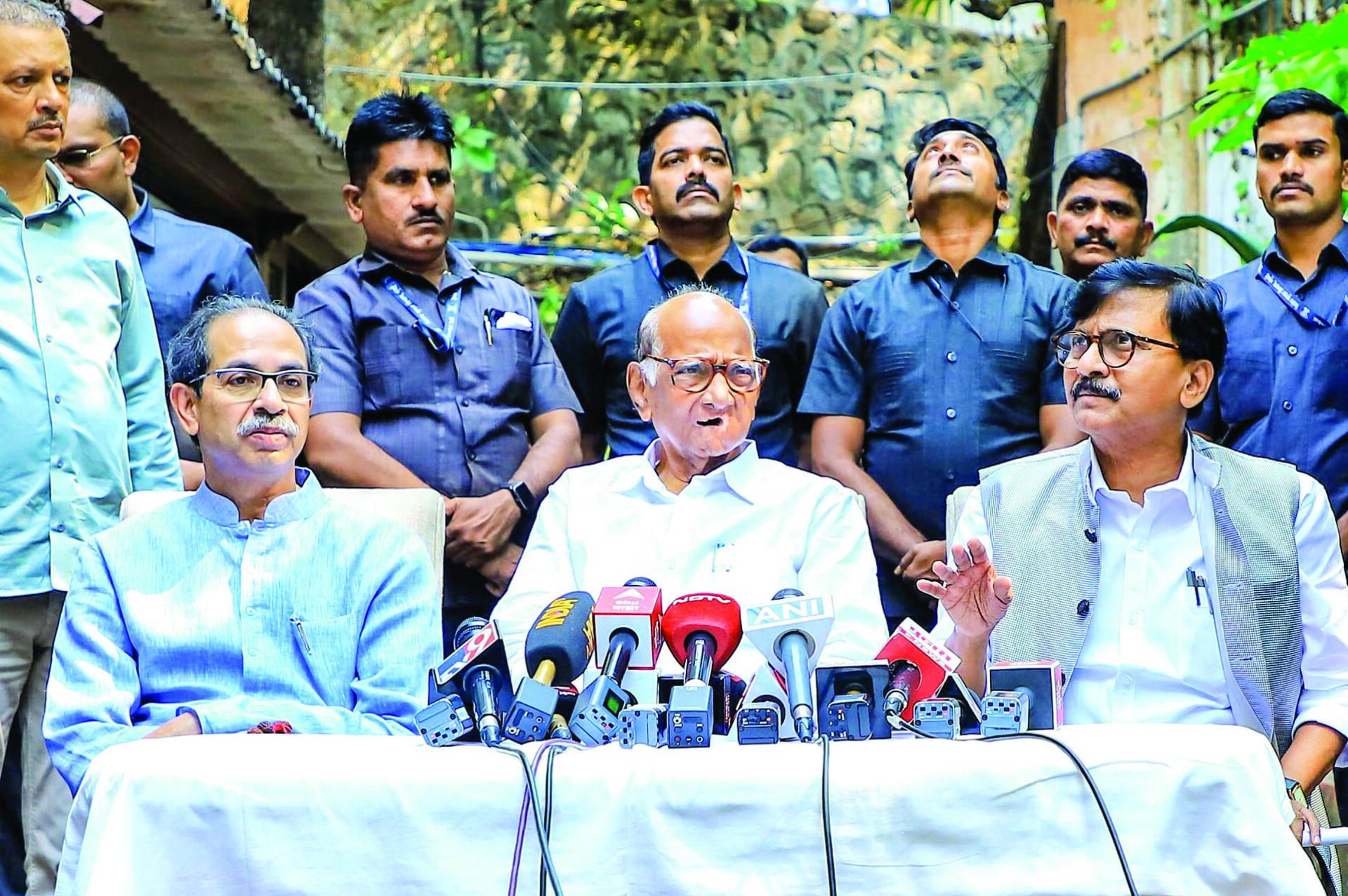 NCP (SP) chief Sharad Pawar, Shiv Sena (UBT) chief Uddhav Thackeray, and party leader Sanjay Raut address a joint press conference ahead of the Maharashtra Assembly elections, at Silver Oak in Mumbai, on November 5, 2024. ANI