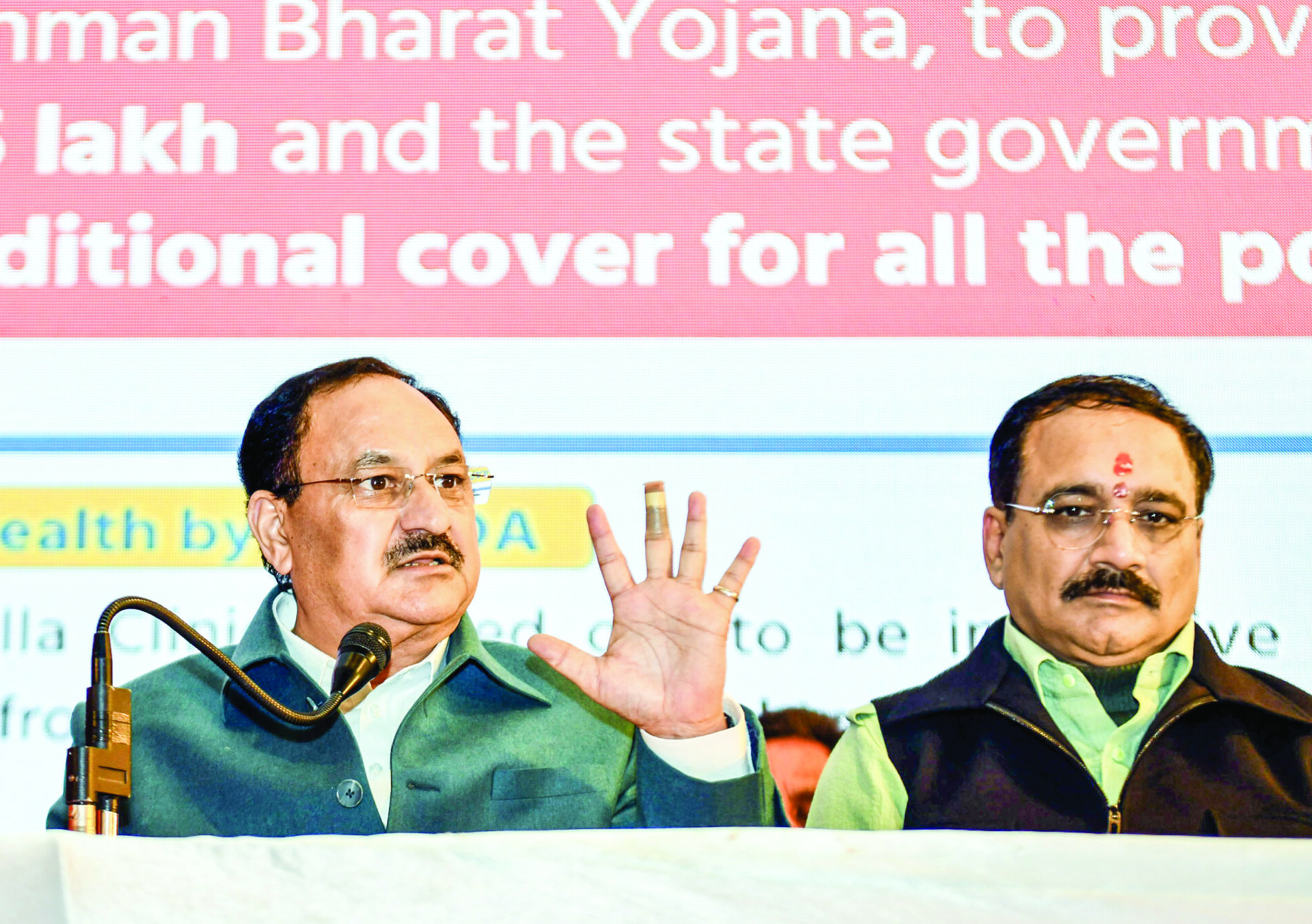 Union Minister and National President of BJP J.P. Nadda addresses a press conference for the Delhi Assembly elections, in New Delhi on Friday. Delhi BJP president Virendra Sachdeva is also present.  ANI