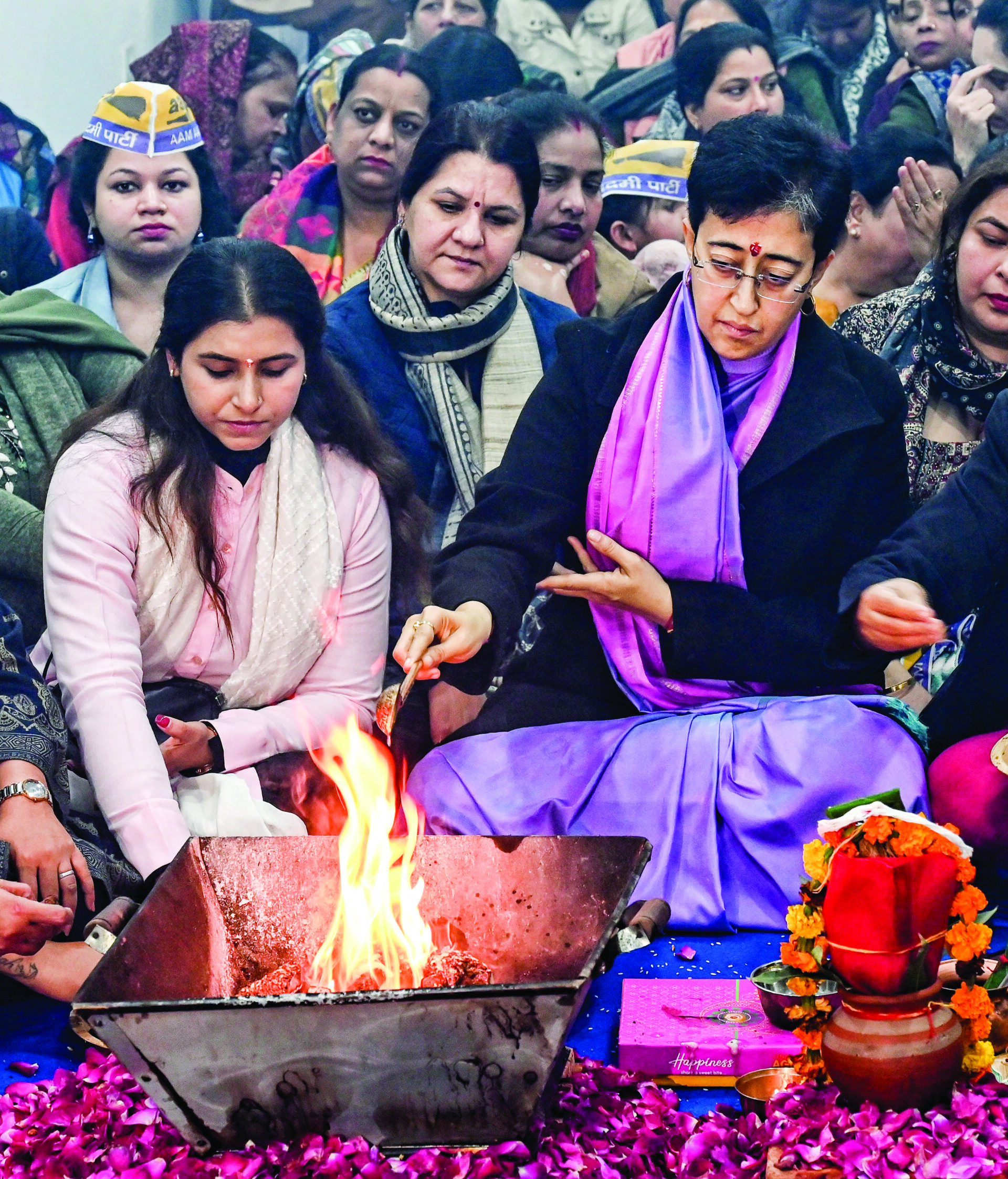 Delhi CM Atishi performs ‘havan’ during the inauguration of her new election office ahead of Delhi Assembly polls, at Kalkaji in New Delhi on Thursday, January 9. ANI