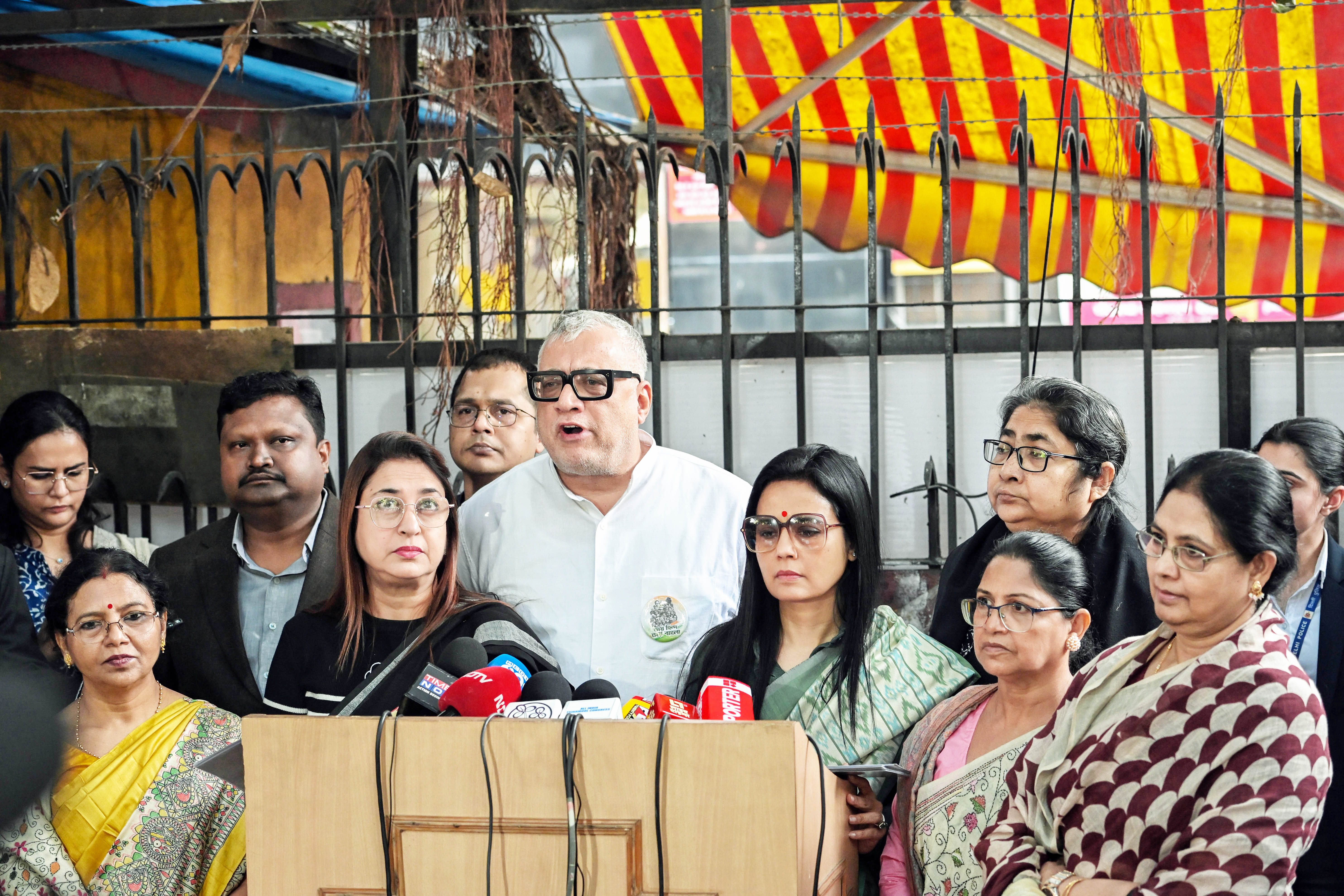 TMC MP Derek O’Brien addresses the press as he arrives at the Election Commission of India