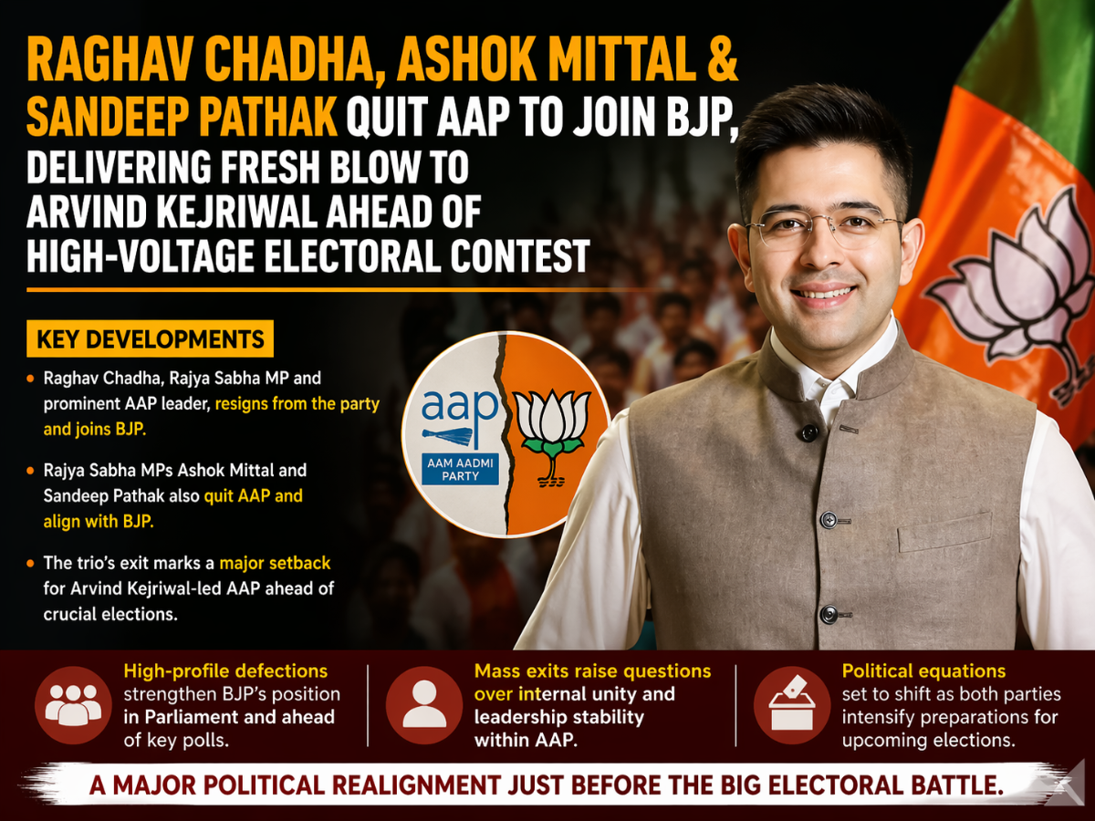 Raghav Chadha, Ashok Mittal & Sandeep Pathak Quit AAP to Join BJP, Delivering Fresh Blow to Arvind Kejriwal Ahead of High-Voltage Electoral Contest