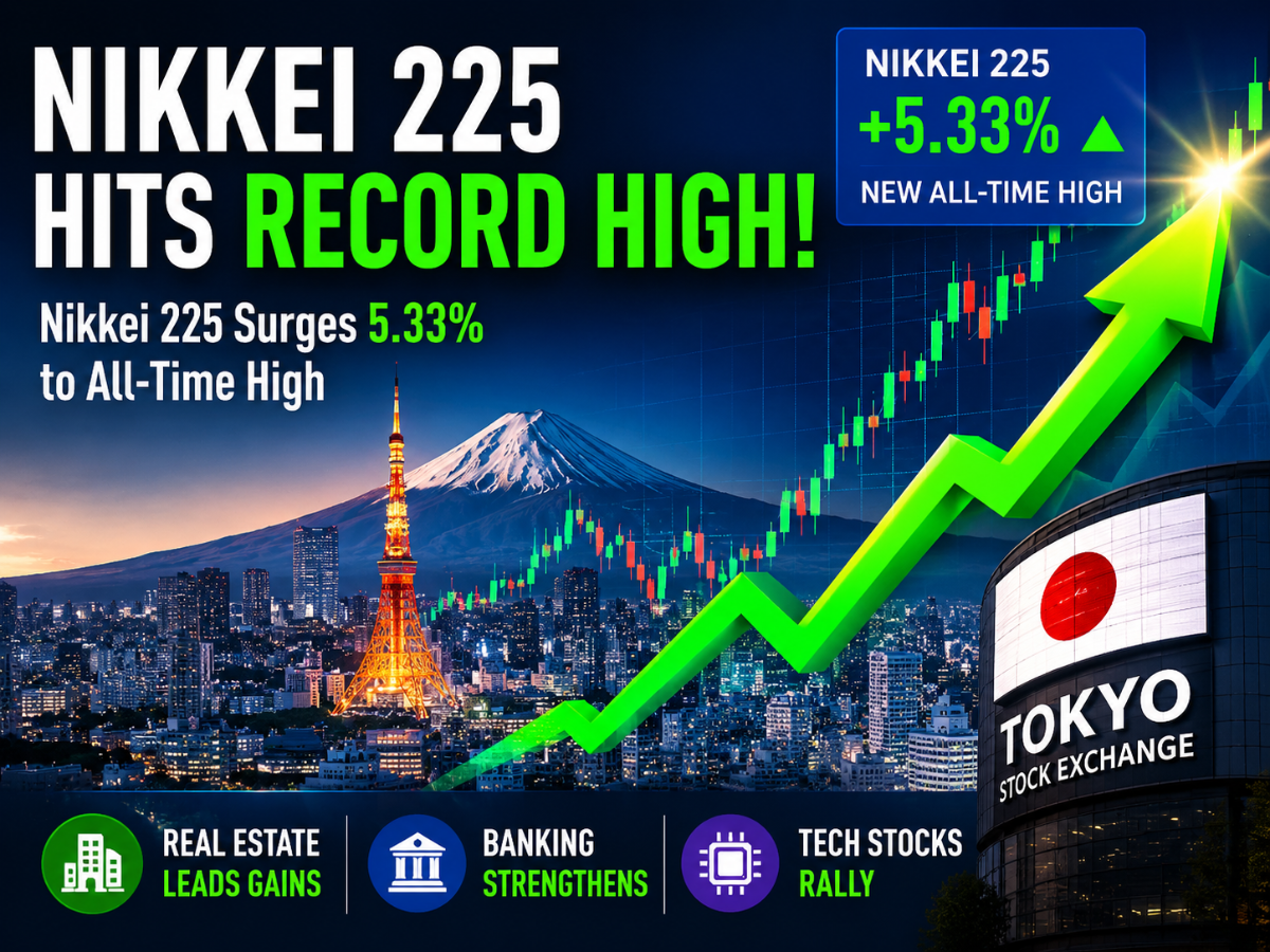 Japan Stock Market Today: Nikkei 225 Surges 5.33% to Hit New All-Time High as Strong Gains in Banking, Real Estate and Industrial Stocks Drive Rally in Tokyo Trade